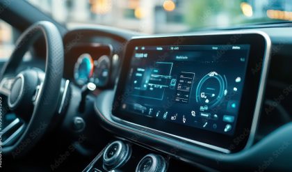 Modern car interior with a large digital touchscreen display.