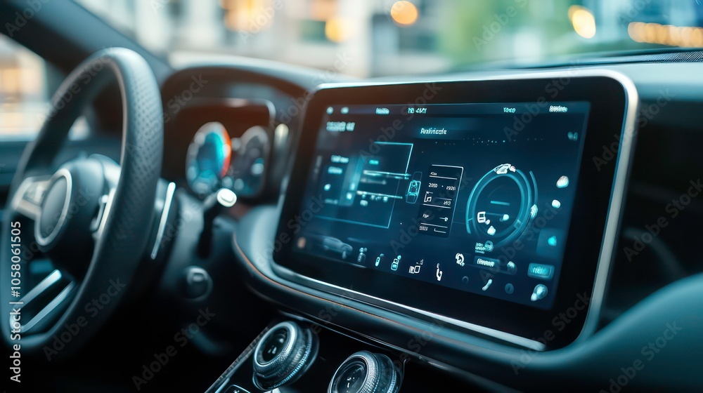 Modern car interior with a large digital touchscreen display.