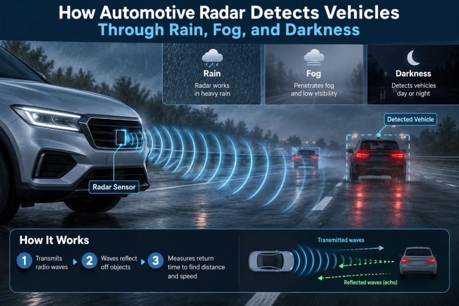 📡 How Automotive Radar Detects Vehicles Through Rain, Fog, and Darkness