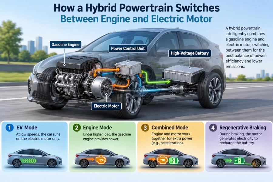 🚗 Under the Hood: How a Modern Hybrid Powertrain Switches Between Engine and Electric Motor