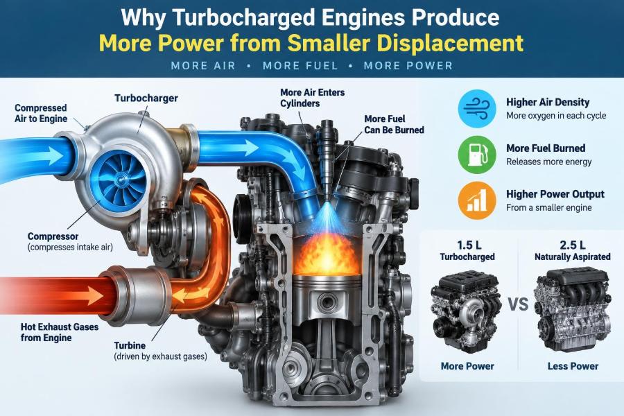 🚗 Why Turbocharged Engines Produce More Power from Smaller Displacement