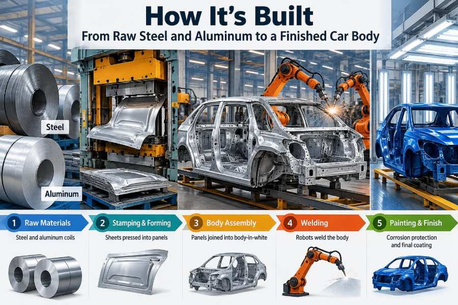 🚗 How It’s Built: From Raw Steel and Aluminum to a Finished Car Body