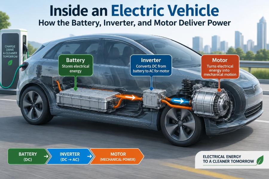 🚗 Inside an Electric Vehicle: How the Battery, Inverter, and Motor Deliver Power