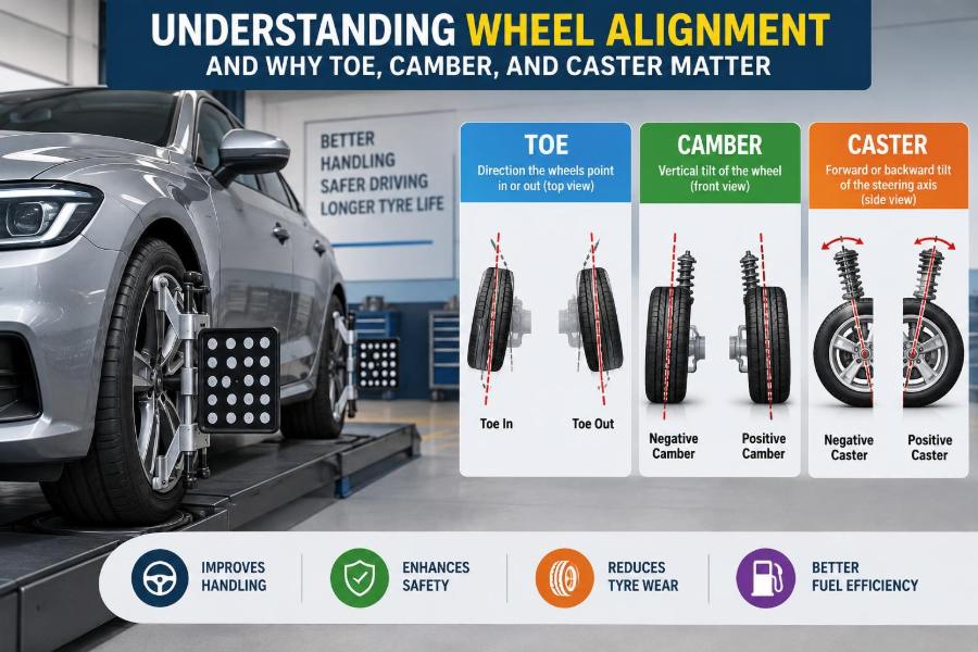🚗 Understanding Wheel Alignment and Why Toe, Camber, and Caster Matter