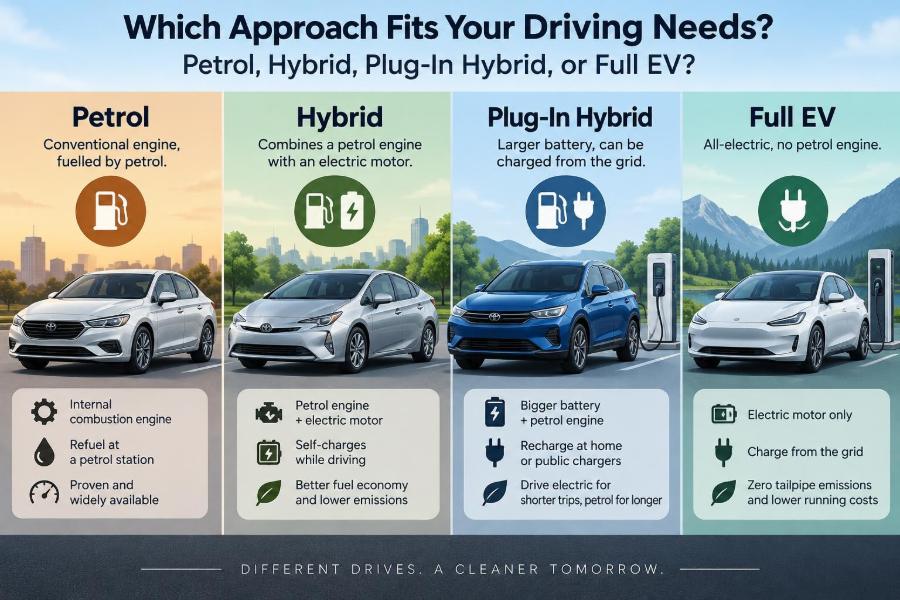 🚗 Which Approach Fits Your Driving Needs: Petrol, Hybrid, Plug-In Hybrid, or Full EV?